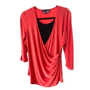 Red Black Criss Cross 2/4 sleeve Women's Blouse C&C Large